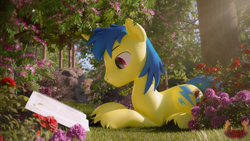 Size: 3840x2160 | Tagged: safe, artist:loveslove, oc, oc only, oc:flash gordon, pony, unicorn, 3d, book, day, flower, forest, grass, high res, horn, looking at something, male, male oc, outdoors, reading, smiling, solo, tree, unicorn oc