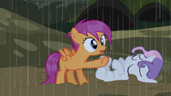 Size: 1920x1080 | Tagged: safe, screencap, scootaloo, sweetie belle, pegasus, pony, unicorn, appleoosa's most wanted, g4, duo, duo female, eyes closed, female, filly, foal, lying down, mud, on back, open mouth, outdoors, rain, raised hoof, wet, wet mane, wet mane scootaloo