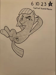 Size: 4032x3024 | Tagged: safe, artist:mlpfantealmintmoonrise, limestone pie, earth pony, pony, g4, atg 2023, butt, female, mare, newbie artist training grounds, pen drawing, pencil drawing, plot, signature, solo, traditional art
