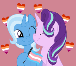 Size: 3000x2609 | Tagged: safe, artist:squipycheetah, starlight glimmer, trixie, pony, unicorn, g4, comments locked down, cute, duckery in the comments, eyes closed, female, flag, happy, headcanon, high res, lesbian, lesbian pride flag, lgbt, lgbt headcanon, mare, nuzzling, one eye closed, pink background, pride, pride flag, ship:startrix, shipping, simple background, smiling, trans female, trans trixie, transgender, transgender pride flag