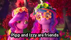 Size: 1920x1080 | Tagged: safe, edit, edited screencap, screencap, izzy moonbow, pipp petals, pegasus, pony, unicorn, bridlewoodstock (make your mark), g5, my little pony: make your mark, my little pony: make your mark chapter 4, spoiler:g5, spoiler:my little pony: make your mark, spoiler:my little pony: make your mark chapter 4, spoiler:mymc04e01, adorapipp, bracelet, bridlewood, bridlewoodstock, captain obvious, cute, duo, eyeshadow, female, floral head wreath, flower, glasses, jewelry, makeup, mare, multicolored mane, tiara