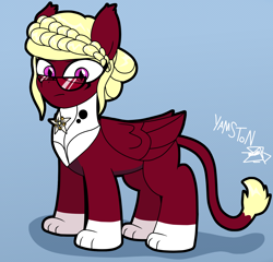 Size: 1456x1396 | Tagged: safe, artist:yamston, oc, oc only, oc:duchess gelt, sphinx, fanfic:living the dream, 2023, blonde, braid, female, flower, glasses, pink eyes, red coat, slit pupils, solo, sphinx oc, tail, wings