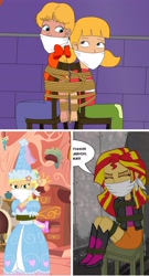 Size: 2178x4035 | Tagged: safe, artist:robukun, applejack, megan williams, sunset shimmer, human, equestria girls, g1, g4, bondage, bound and gagged, cloth gag, clothes, damsel in distress, dress, ear piercing, flower, flower in hair, froufrou glittery lacy outfit, gag, golden oaks library, hat, help us, hennin, humanized, penny gadget, piercing, princess, princess applejack, tied to chair, tied up