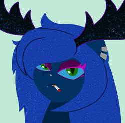 Size: 803x786 | Tagged: safe, artist:yamston, oc, oc only, oc:scayla, pony, fanfic:living the dream, antlers, blue coat, blue mane, cigarette, colored sclera, ear piercing, eyeshadow, green background, green eyes, makeup, piercing, simple background, solo