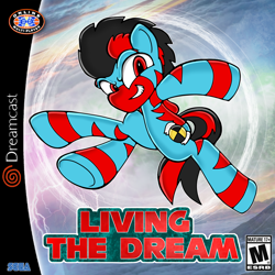Size: 1428x1426 | Tagged: safe, artist:yamston, oc, oc only, oc:lance greenfield, zebra, fanfic:living the dream, 2023, black hair, blue coat, dreamcast, male, male oc, meme, pose, red eyes, red stripes, solo, sonic the hedgehog (series), stripes, tail, zebra oc