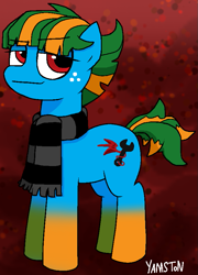 Size: 643x894 | Tagged: safe, artist:yamston, oc, oc only, oc:mango loco, earth pony, pony, fanfic:living the dream, 2023, blue coat, clothes, female, freckles, mare, parent:oc:melody grace, parent:octavia melody, red background, red eyes, scarf, solo, striped scarf, two toned mane