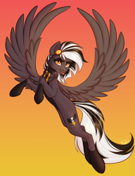 Size: 2564x3333 | Tagged: safe, artist:mxiiisy, oc, oc only, oc:zephyr corax, oc:zephyrai, pegasus, pony, :p, accessory, bandana, black and white mane, coat markings, flying, full body, gradient background, gray coat, high res, large wings, looking at you, reverse countershading, socks (coat markings), solo, spread wings, tongue out, two toned coat, wings, yellow eyes