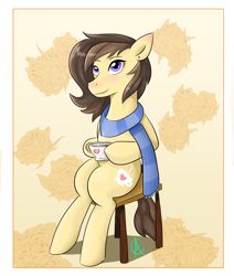 Size: 1986x2341 | Tagged: safe, artist:cynfularts, oc, oc only, earth pony, pony, art trade, chair, clothes, scarf, simple background, solo, striped scarf