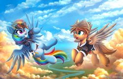 Size: 5000x3201 | Tagged: safe, artist:atlas-66, rainbow dash, oc, pegasus, pony, g4, absurd resolution, clothes, cloud, crossover, duo, flying, goggles, jacket, kingdom hearts, ponified, river, scenery, sky, sora, water