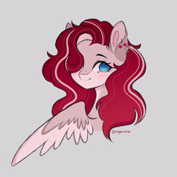 Size: 2936x2936 | Tagged: safe, artist:sugarvvine, oc, oc only, oc:cherry heart, pegasus, pony, blue eyes, bust, colored wings, ear piercing, earring, high res, jewelry, looking at you, one wing out, piercing, portrait, red mane, smiling, solo, two toned mane, two toned wings, wings