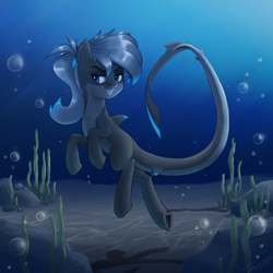 Size: 2160x2160 | Tagged: safe, artist:twigpaste, oc, oc only, oc:lacera viscera, original species, pony, shark, shark pony, blue eyes, blue mane, bubble, crepuscular rays, digital art, dorsal fin, fangs, female, fin, fish tail, flowing mane, flowing tail, gills, glowing, grin, high res, lidded eyes, mare, ocean, ponytail, rock, seaweed, smiling, solo, sunlight, swimming, tail, teeth, underwater, water