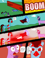 Size: 1076x1384 | Tagged: safe, artist:yamston, twilight sparkle, oc, oc:lance greenfield, oc:little fawn, earth pony, pegasus, pony, unicorn, fanfic:living the dream, g4, attack, black mane, blue coat, brick wall, comic, dialogue, female, field, laser, male, mare, portal, purple coat, reading, red eyes, red stripes, stallion, stripes, text, trio, unicorn twilight