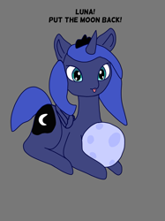 Size: 2031x2720 | Tagged: safe, artist:lilac_fox7510, princess luna, alicorn, pony, g4, :p, gray background, high res, moon, simple background, solo, tangible heavenly object, text, tongue out