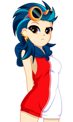 Size: 680x1127 | Tagged: safe, artist:rosemile mulberry, indigo zap, human, equestria girls, g4, arm behind back, breasts, clothes, ear piercing, earring, female, goggles, jewelry, piercing, sideboob, simple background, sleeveless, solo, updated design, white background