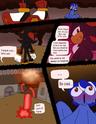 Size: 1076x1384 | Tagged: safe, artist:yamston, oc, oc:little fawn, earth pony, hedgehog, pony, fanfic:living the dream, 2023, blue coat, blue mane, blushing, building, clothes, comic, dialogue, duo, earth pony oc, explosion, female, male, red eyes, shadow the hedgehog, shoes, sonic the hedgehog (series), speech bubble, text, two toned mane