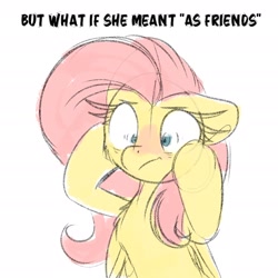 Size: 1925x1926 | Tagged: safe, artist:lbrcloud, fluttershy, pegasus, pony, g4, anxious, female, frown, implied flutterdash, implied lesbian, implied shipping, mare, shrunken pupils, simple background, solo, text, white background