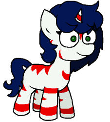 Size: 397x440 | Tagged: safe, artist:yamston, oc, oc only, oc:yancy greenfield, pony, unicorn, zebra, zebracorn, fanfic:living the dream, 2023, blue mane, female, filly, foal, green eyes, horn, parent:oc:lance greenfield, parent:oc:yamston crowe, red stripes, simple background, solo, stripes, transparent background, white coat