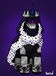 Size: 632x864 | Tagged: safe, artist:yamston, oc, oc only, oc:star chaser(ltd), alicorn, pony, fanfic:living the dream, alicorn oc, antagonist, armor, cloak, clothes, crown, evil, glowing, glowing eyes, hood, horn, jewelry, male, male oc, mask, parent:oc:frederic bourdages, parent:princess luna, purple background, regalia, simple background, solo, stallion, wings