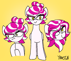 Size: 903x771 | Tagged: safe, artist:yamston, oc, oc only, oc:starlight(ltd), pegasus, pony, fanfic:living the dream, 2023, female, hair bun, mare, pegasus oc, pink mane, simple background, solo, two toned mane, white coat, yellow background, yellow eyes