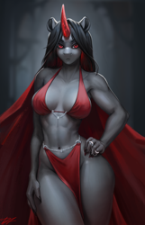 Size: 1896x2952 | Tagged: safe, artist:dacsy, king sombra, original species, umbra pony, unicorn, anthro, g4, ambiguous facial structure, black hair, breasts, busty queen umbra, female, hand on hip, loincloth, queen umbra, red bra, red dress, red eyes, rule 63, solo