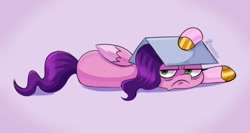 Size: 1366x728 | Tagged: safe, artist:zendora, idw, pipp petals, pegasus, pony, g5, spoiler:comic, spoiler:g5comic, spoiler:g5comic11, angry, book, comic interpretation, cute, female, frown, lying down, madorable, mare, on side, pink background, pipp petals is not amused, scene interpretation, simple background, solo, unamused