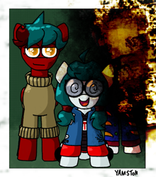 Size: 779x886 | Tagged: safe, artist:yamston, oc, oc only, oc:babel yarn, oc:red storm, oc:viviana, earth pony, pegasus, pony, fanfic:living the dream, 2023, clothes, earth pony oc, family photo, female, glasses, green hair, hoodie, male, mare, obscured face, parent:oc:red storm, pegasus oc, pigtails, red coat, smug, stallion, sweater, trio, yellow eyes