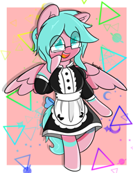 Size: 1497x1951 | Tagged: safe, artist:lavsunrise, oc, oc only, oc:nano(nanopone), pegasus, semi-anthro, arm hooves, clothes, female, front view, glasses, maid, raised hoof, smiling, solo, spread wings, wings