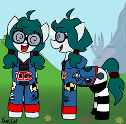 Size: 823x810 | Tagged: safe, artist:yamston, oc, oc only, oc:babel yarn, earth pony, pony, fanfic:living the dream, 2023, clothes, earth pony oc, female, glasses, green mane, happy, hoodie, mare, parent:oc:red storm, pigtails, smiling, solo, stockings, swirly glasses, thigh highs