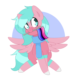 Size: 1600x1600 | Tagged: safe, artist:vivian reed, oc, oc only, oc:nano(nanopone), pegasus, pony, clothes, female, front view, mouth hold, pride, pride flag, pride month, scarf, simple background, sitting, solo, spread wings, white background, wings