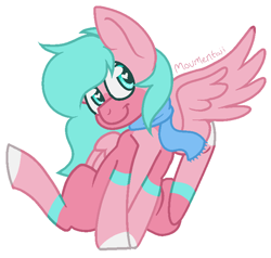 Size: 730x694 | Tagged: safe, artist:moumentaii, oc, oc only, oc:nano(nanopone), pegasus, pony, clothes, female, front view, scarf, simple background, sitting, smiling, solo, spread wings, transparent background, wings