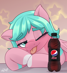 Size: 1368x1500 | Tagged: safe, artist:rivin177, oc, oc only, oc:nano(nanopone), pegasus, pony, ;p, bottle, drink, female, front view, hooves together, logo, looking at you, one eye closed, pepsi, soda, solo, tongue out, wings, wink, winking at you
