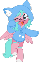 Size: 3138x5000 | Tagged: safe, artist:jhayarr23, oc, oc only, oc:nano(nanopone), pegasus, pony, bipedal, clothes, ear fluff, female, front view, glasses, happy, hoodie, looking at you, one eye closed, raised hoof, simple background, smiling, solo, spread wings, transparent background, vector, wings, wink, winking at you