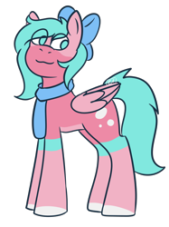 Size: 1004x1341 | Tagged: safe, artist:emmettart, oc, oc only, oc:nano(nanopone), pegasus, pony, :3, bow, clothes, eye clipping through hair, female, hair bow, scarf, side view, simple background, smiling, solo, standing, transparent background, wings