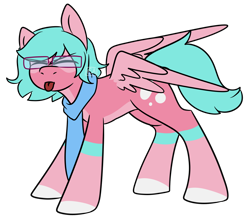 Size: 1326x1168 | Tagged: safe, artist:emmettart, oc, oc only, oc:nano(nanopone), pegasus, pony, :p, ><, clothes, eyes closed, female, glasses, scarf, simple background, solo, spread wings, tongue out, transgender, transparent background, wings