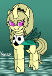 Size: 558x810 | Tagged: safe, artist:yamston, oc, oc only, oc:vanilla cakehurst, changeling, fanfic:living the dream, 2023, changeling oc, cute, female, horn, insect wings, looking sideways, pink eyes, ponytail, smiling, solo, wings, yellow coat