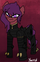 Size: 545x848 | Tagged: safe, artist:yamston, oc, oc only, oc:strawell, earth pony, pony, fanfic:living the dream, 2022, armor, armored pony, female, mare, purple eyes, purple mane, red background, red coat, scar, simple background, solo, tail, torn ear