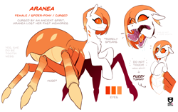 Size: 1846x1158 | Tagged: safe, artist:redxbacon, oc, oc only, oc:aranea, hybrid, monster pony, original species, spiderpony, chest fluff, drool, fangs, feral, reference sheet, simple background, solo, white background