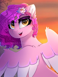 Size: 1500x2000 | Tagged: safe, artist:taiweiart, ruby jubilee, pegasus, pony, bridlewoodstock (make your mark), g5, my little pony: make your mark, my little pony: make your mark chapter 4, spoiler:g5, spoiler:my little pony: make your mark, spoiler:my little pony: make your mark chapter 4, spoiler:mymc04e01, alternate hairstyle, bridlewoodstock, female, looking at you, looking back, looking back at you, mare, open mouth, open smile, smiling, solo, wavy mane