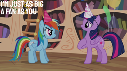 Size: 2000x1125 | Tagged: safe, edit, edited screencap, editor:quoterific, screencap, rainbow dash, twilight sparkle, alicorn, pegasus, pony, daring don't, g4, balloon, golden oaks library, hat, party hat, twilight sparkle (alicorn)