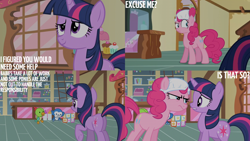 Size: 2000x1125 | Tagged: safe, edit, edited screencap, editor:quoterific, screencap, pinkie pie, twilight sparkle, earth pony, pony, unicorn, baby cakes, g4, sugarcube corner, unicorn twilight