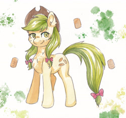 Size: 4837x4527 | Tagged: source needed, safe, artist:lightisanasshole, apple fritter, earth pony, pony, g4, abstract background, apple family member, bow, female, hair bow, hat, mare, solo, tail, tail bow, traditional art, watercolor painting