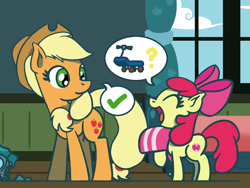 Size: 1800x1350 | Tagged: safe, artist:flutterluv, part of a set, apple bloom, applejack, earth pony, pony, g4, atg 2023, dialogue, duo, female, filly, foal, helmet, mare, newbie artist training grounds, siblings, sisters, speech bubble