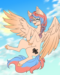 Size: 2160x2700 | Tagged: safe, artist:duskooky, artist:kooky, oc, oc:dracey, pegasus, pony, braid, colored wings, commission, eyes closed, flying, glasses, gradient wings, high res, open mouth, pegasus oc, single fang, tail, two toned mane, two toned tail, wings, ych result