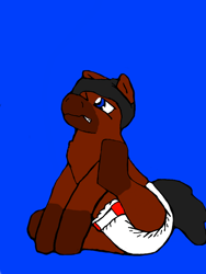 Size: 512x680 | Tagged: safe, artist:cavewolfphil, oc, oc only, pony, abdl, blue background, diaper, diaper fetish, fetish, itchy, male, male oc, non-baby in diaper, raised leg, simple background, sitting, solo, stallion