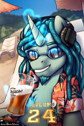 Size: 2000x3000 | Tagged: safe, artist:jedayskayvoker, oc, oc only, unnamed oc, pony, unicorn, alcohol, beach, beer, birthday, chest fluff, clothes, dreadlocks, eyebrows, facial hair, goatee, happy, hawaiian shirt, headphones, high res, horn, looking at you, magic, magic aura, male, male oc, shirt, smiling, smiling at you, solo, stallion, sunglasses, telekinesis, unicorn oc