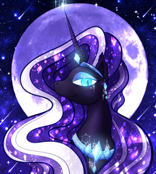 Size: 1800x2000 | Tagged: safe, artist:ryuko-rose, nightmare rarity, pony, unicorn, g4, blue eyes, bust, collar, crown, digital art, ethereal mane, eyeshadow, female, flowing mane, gem, glowing, glowing eyes, glowing horn, horn, jewelry, lidded eyes, long horn, looking at you, magic, makeup, mare, moon, night, peytral, portrait, purple mane, regalia, sky, smiling, smiling at you, solo, sparkles, starry mane, stars