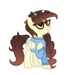 Size: 1013x1049 | Tagged: safe, artist:darbypop1, oc, oc:darby, alicorn, pony, atg 2023, clothes, female, glasses, mare, newbie artist training grounds, paintbrush, shirt, simple background, solo, transparent background