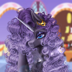 Size: 2200x2200 | Tagged: safe, artist:kimbombon, nightmare rarity, pony, unicorn, g4, blue eyes, blurry background, boutique, bust, colored pupils, curly hair, curly mane, digital art, ear piercing, eyelashes, eyeshadow, female, glowing, high res, horn, lidded eyes, long horn, looking at you, makeup, mare, piercing, portrait, purple mane, redesign, smiling, smiling at you, solo, speedpaint