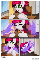 Size: 2480x3758 | Tagged: safe, artist:rinikka, oc, oc only, oc:siren, pegasus, pony, comic:hands on, bread, chest fluff, comic, covering mouth, female, food, hand, heart, high res, hooves behind back, magic, magic hands, mare, solo