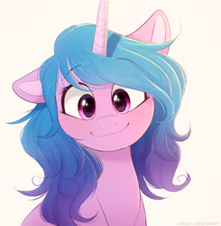Size: 1454x1481 | Tagged: safe, artist:higglytownhero, izzy moonbow, pony, unicorn, g5, blushing, bust, cute, daaaaaaaaaaaw, eye clipping through hair, eyebrows, eyebrows visible through hair, female, floppy ears, izzybetes, looking at you, mare, one ear down, signature, simple background, smiling, smiling at you, solo, weapons-grade cute, white background